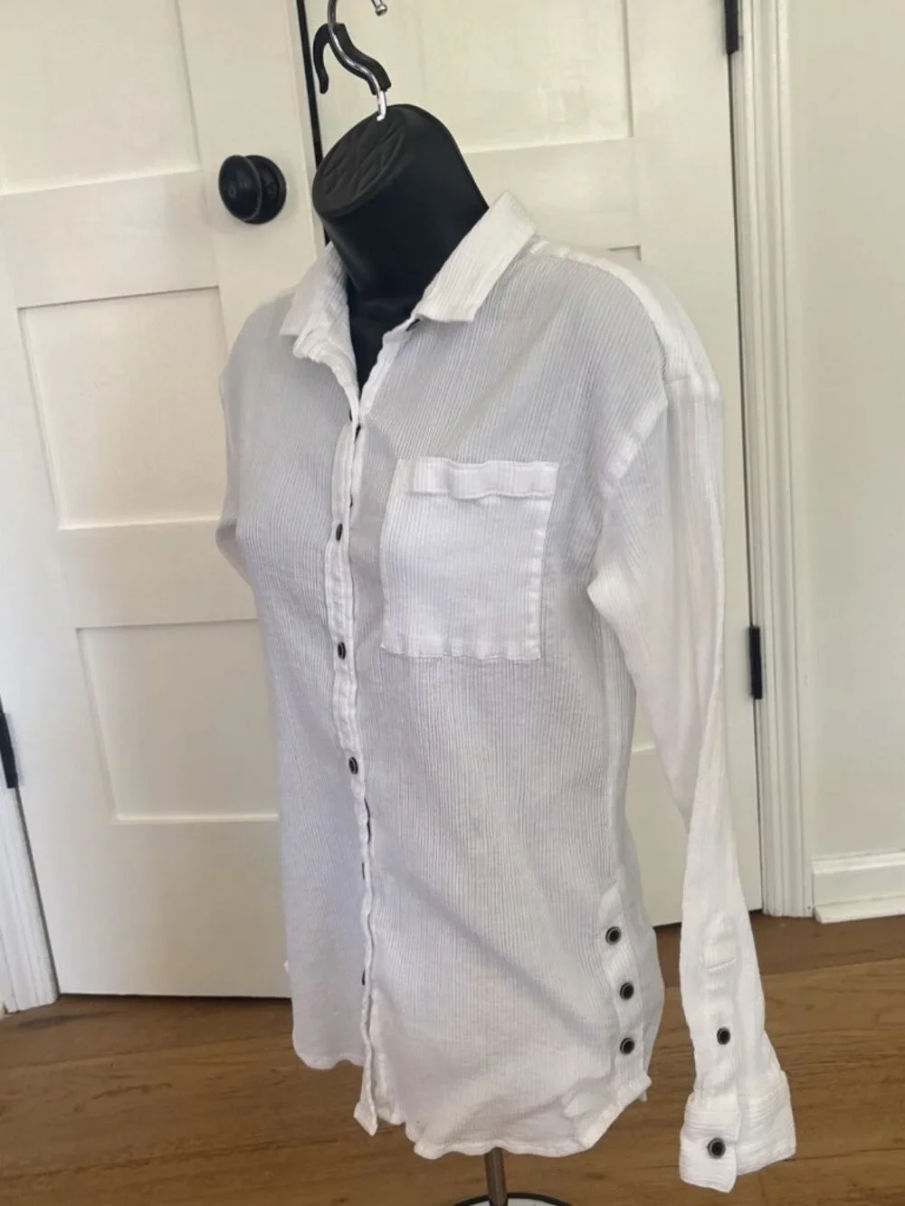 prAna White Button Front Shirt XS Ribbed Cotton Long Sleeve Casual Boho - Picture 4 of 9